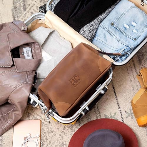 HLC Leather Toiletry Bag for Men Best Gift Premium Genuine Leather Dopp Kit Shaving Kit Organizer Travel Kit Pouch Bag for Men Large Size (TAN) - color: Tan