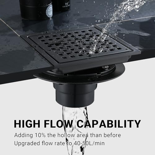 6 Inch Square Shower Floor Drain, Stainless Steel Black Shower Drain Kit with Flange, Floor Drain with Removable Grid Cover,Matte Black - color: Matte Black, size: 6 inch-Grid