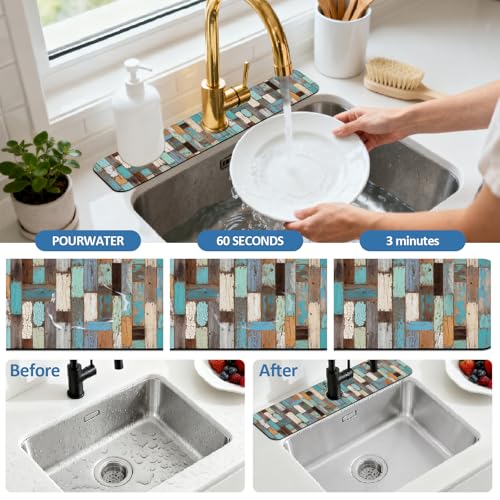 2 Pcs Colored Wood Grain Kitchen Sink Splash Guard Faucet Mat for Sinks Absorbing Drying Mats for Kitchen Bathroom, 23.6x5.5inch - color: Flowers