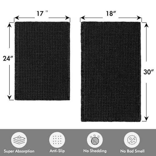 MIULEE Set of 2 Waffle Bathroom Rugs, Boho Bath Rugs Non Slip Washable, Super Absorbent Bath Mats, Ultra Soft Rubber Backed Shower Mats for Bathroom Floor, Tub, Black, 17"x24"+18"x30" - color: Black, size: 17''x24'' + 18''x30''
