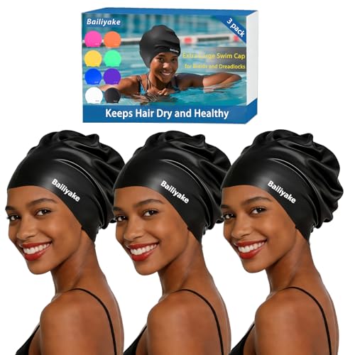 3 Pack Extra Large Swim Cap for Braids & Dreadlocks - Waterproof Silicone Swim Hat for Women with Long Thick Hair, Protective Swim Cap Cover Ears for Swimming, Shower, Bathing - color: Black+Black+Black