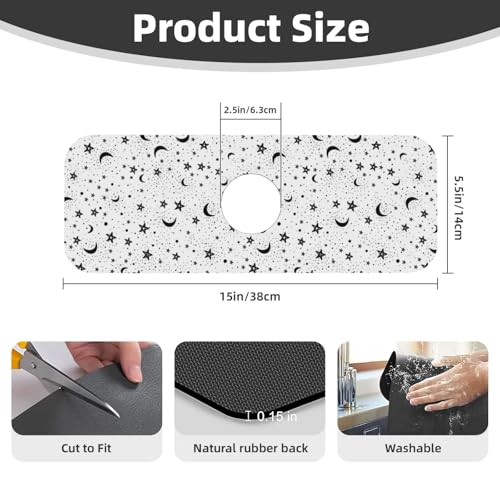 Black Moon White Stars 15" X 5.5" Kitchen Sink Splash Guard Faucet Faucet Guard Draining Mat Sink Splash Guard Faucet Kitchen Bathroom - color: Black Moon White Stars