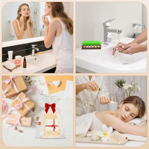 Supkiir 48 Pcs Soap Saver Set Including 16 Pcs Wooden Dish Holder, 16 Pcs Exfoliating Bag and 16 Pcs Saver Pads with Self Drain, Mix-color Soap Accessories Set for Shower Bath Toilet Kitchen and Hotel