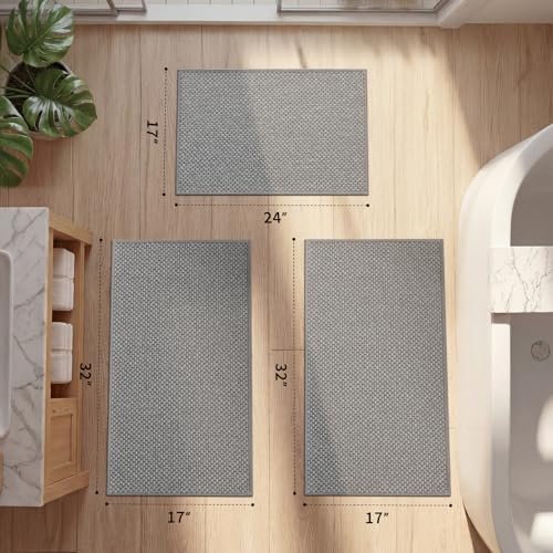 YIHOUSE Thin Bath Mat Light Grey Bathroom Rugs Sets 3 Pieces, Non Slip Absorbent Bath Mats Quick Dry, Woven Braided Rugs Washable, Tapetes para Baño for Bathroom,Bathtub(17"x24"+17"x32"+17"x32") - color: Light Grey, size: 3Pieces(17"x24"+17"x32"+17"x32")