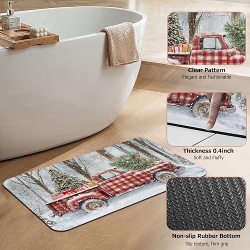 Merry Christmas Bathroom Rugs,Vintage Red Truck Bath Mats for Bathroom,Tree Low Pile Absorbent Bath Mat,Rubber Backing Non Slip Washable Thin Quick Dry Door Mat 17x29.5 Inch - color: Vintage Red Truck,christmas Tree