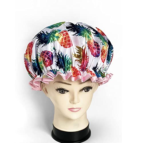 WIRESTER Elastic Reusable Bathing Hair Cap, Waterproof Shower Cap, Fashion Bath Cap for Women Girls - Colorful Pineapples