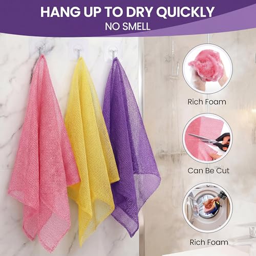 African Bath Sponge African Net Long Net Bath Sponge Exfoliating Shower Body Scrubber Back Scrubber Skin Smoother,Great for Daily Use (Purple,Yellow,Pink) ，3 Pack - color: Purple,yellow,pink