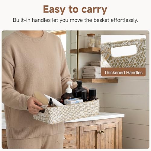 StorageWorks Wicker Toilet Paper Basket for Back of Toilet Baskets, Seagrass Bathroom Basket Organizer and Storage for Tank Topper, Small Tank Trays for Decor with Built-in Handles, Wipe White - color: Wipe White (Seagrass), size: 14¼" L x 6¾" W x 3¾" H