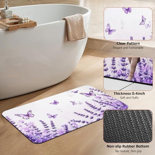 Diatomaceous Earth Bath Mat, Lavender Butterfly Bath Rugs, Purple Non-Slip Thin Absorbent Fast Drying Easy to Clean for Bathroom Laundry Home Kitchen Door Mat 17x29.5Inch - color: Lavender Butterfly,purple