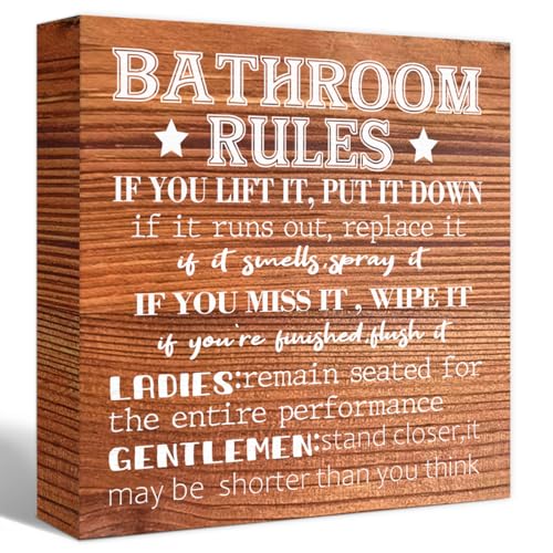 Farmhouse Wood Sign - Bathroom Rules & Decor, Wooden Block Sign for Shelf, Tabletop, Desk - color: Wood Color