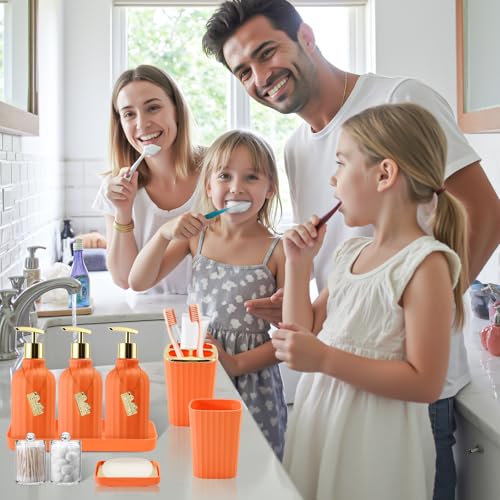 21PCS Bathroom Sets with Shower Curtain and Rugs Bathroom Accessories Set Orange Bathroom Set Complete with Trash Can, Toilet Brush, Qtip Holder & 3PCS Soap Dispenser - size: Bath Set+Marble Shower Curtain+Rugs, style: Orange