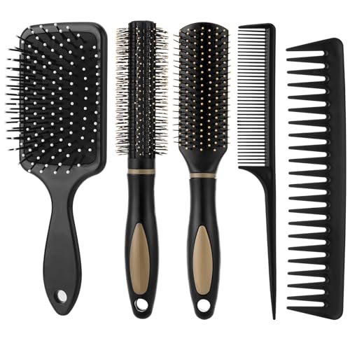 5Pcs Hair Brushes for Women Hair Comb Set Detangler Brush for Men and Women Wet, Dry, Curly and Straight Hair - color: Black