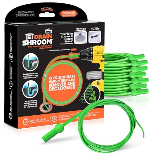 DrainShroom Toss-Disposable Hair Clog Remover, 24 inch Reach, 8 Pack, for Bathroom Drain Snake, Green