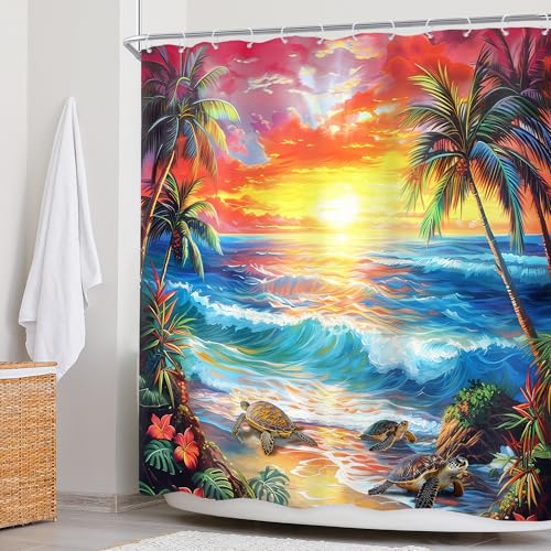 Newsely Ocean Shower Curtain 60Wx72L Inch Summer Beach Tropical Leaf Hawaiian Rustic Bright Red and Yellow Sky Sea Turtles Bathroom Set Sunset Waterproof Bath Decoration Accessories Home Decor - color: A-06beach, size: 60"W x 72"L (Pack of 1)