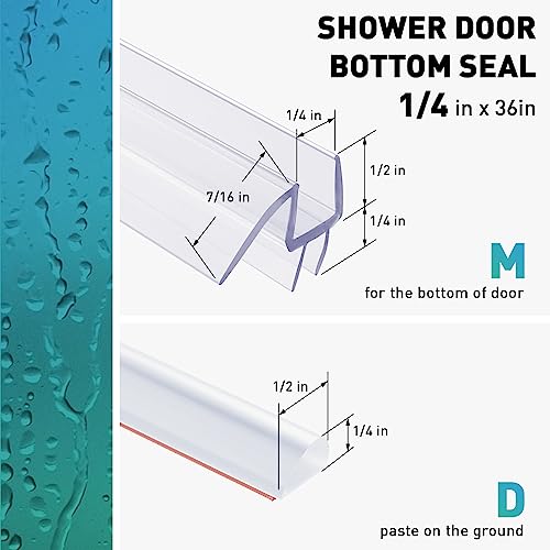 Shower Door Bottom Seal, 2 PCS 1/4" x 36" Shower Door Sweep for 1/4 Inch Glass, Frameless Glass Shower Door Seal Strip, Stop Shower Leaks and Create a Water Barrier - size: For 1/4" Glass