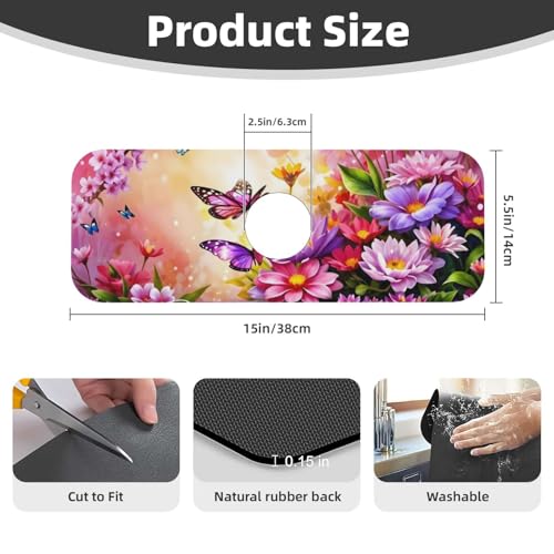 Pink butterfly flower Kitchen sink faucet pad, strong water absorption, anti slip, easy to clean, very suitable for splash and drip prevention, suitable for kitchens and bathrooms - color: Pink butterfly flower