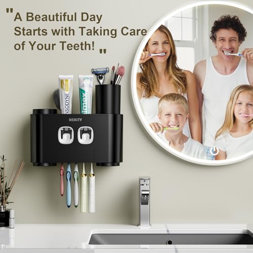 Toothbrush Holder Multi-Function Wall-Mounted, Automatic Toothpaste Dispenser & Dust-Proof Toothbrush Holder with 5 Brush Slots 4 Cups 2 Automatic Toothpaste Dispensers 1 Storage Slot (Black) - color: Black