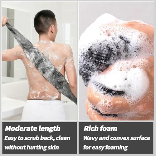Exfoliating Shower Towel，Premium Scrub Wash Back Bath Cloth for Body Face，Body Back Scrubber for Shower, Long Scrub Towel for Women Men Full Body Exfoliator (Black)