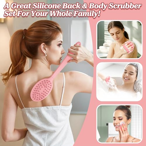 Silicone Back/Body/Face Scrubber & Soft Bath Glove Set 4PCS, Gentle Exfoliating Back & Body Scrubber with Dual-Side Brush Head, Hand-fit Bath Glove & Face Scrubber for Deep Cleaning(Pink-4PC) - color: Pink*4