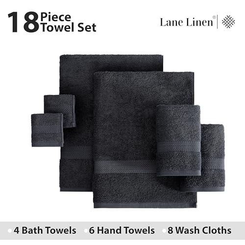 LANE LINEN 100% Cotton Black Towel Set for Bathroom - 18 Piece - Super Soft, Hotel Quality - 4 Bath, 8 Wash Cloths, 6 Hand Towels for Bathroom - Classic, Gentle on Skin, Ideal for Spa & Daily Use - color: 04: Black, size: 18 Piece Towel Set