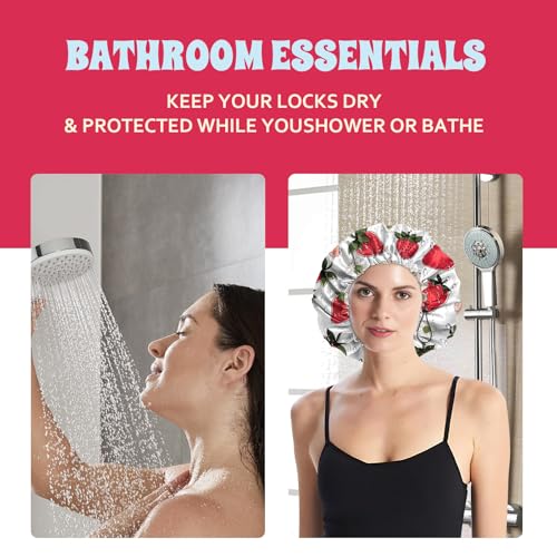 Luxury Shower Cap Satin Lined Reusable Waterproof Double Layer Elastic Adjustable Hair Bath Cap Cute Aesthetic Women Girls-Strawberry - color: F2-Strawberry