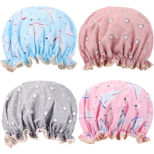 4 Pcs Shower Caps Hat for Women and Girl, Reusable Waterproof Bath Cap Double Waterproof Layers Cat and Boat Pattern - color: 4 Pack - Cat & Boat Pattern