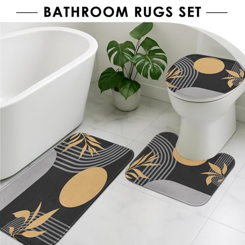Boho Mid Century Shower Curtain Set with Toilet Lid Cover and Non-Slip Rugs, Abstract Geometric Grey Background 4 Pcs Modern Minimalist Shower Curtain for Bathroom Set with 12 Hooks - color: Boho Grey 2