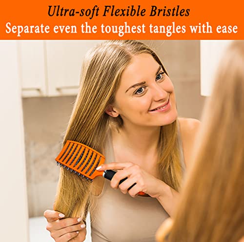 KTKUDY Detangling Brush Boar Bristles Hair Brush Make Hair Shiny & Healthier Curved and Vented Detangler Brush for Women Men Kids Wet and Dry Hair (Orange) - color: Orange