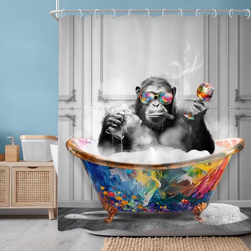 Newsely Funny Monkey Shower Curtain 72Wx72H Inch Black White Animal in Bathtub Chimpanzee Boys Men Shower Curtain Bathroom Set Modern Graffiti Cool Waterproof Bath Decoration Accessories Home Decor - color: B-monkey, size: 72"W x 72"L (Pack of 1)