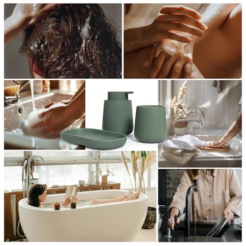 INGOFIN 3 Pcs Ceramic Bathroom Accessory Set - Liquid Soap Dispenser, Toothbrush Holder & Tray, Bathroom Counter Set, Countertop Essentials for Home, Guest Bathroom, or Office Use, Matte Green - style: Liquid-Matte Green