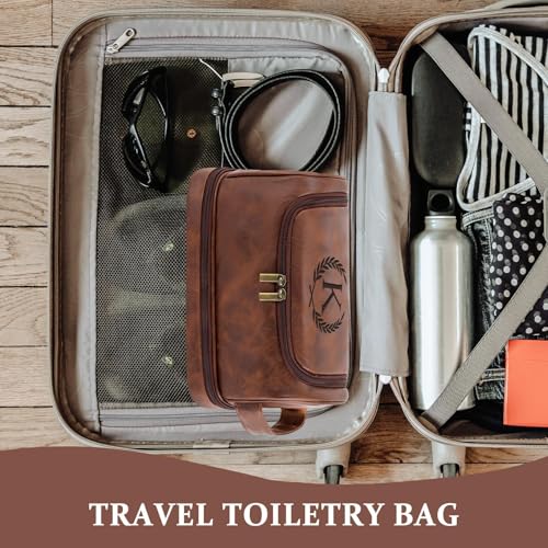 Personalized Gifts Travel Toiletry Bag for Men, Engraved Initial PU Leather Waterproof Shaving Bag, Groomsmen Present Christmas Birthday Gifts for Men Dad Husband Son Boyfriend, Reddish Brown I - color: Reddish Brown, style: I