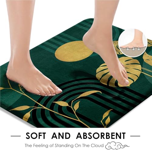 Boho Green Shower Curtain Set with Toilet Lid Cover and Non-Slip Rugs, Tropical Botanical Abstract Green Gold 4 Pcs Modern Minimalist Vintage Shower Curtain for Bathroom Set with 12 Hooks - color: Dark Green