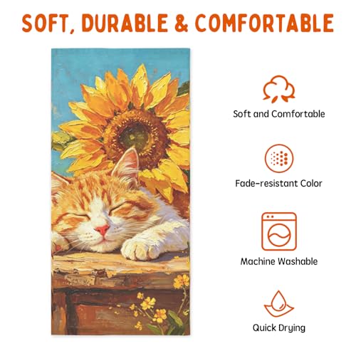 Yellow Sunflower Cat Hand Towels for Bathroom 14.4x28.3 Inch Set of 2 | Yellow Floral，Polyester Cotton，Soft，Breathable，Skin-Friendly，for Holiday Kitchen Hotel Swimming Gym Spa Decor - color: Cat Yellow