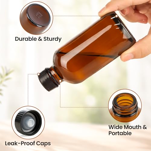 TBWIND 54 Pack 4oz Amber Glass Boston Round Bottles with Airtight Caps | Refillable Glass Bottles for Vanilla Extract, Homemade Liquids, Syrups, Oils & DIY Crafting with Droppers, Labels & Funnels - size: 4oz