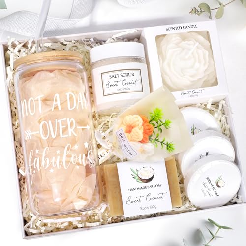 Spa Gift Baskets for Women, Sweet Coconut Birthday Gifts Baskets for Women, Spa Kit Gift Box, Bath and Body Relaxing Gifts Set for Mother Wife Sister Friends with Glass Cup Salt Scrub Shower Steamers - color: 9Pcs Sweet Coconut