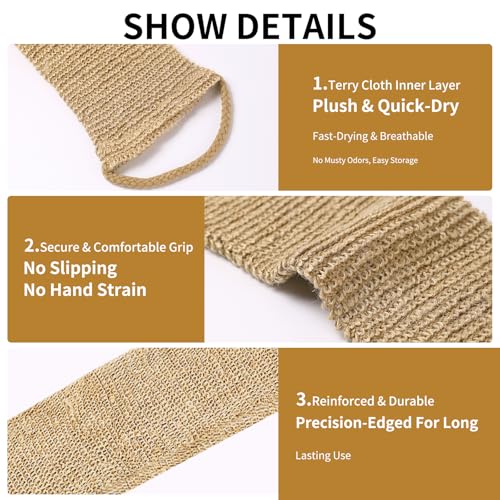 Japanese Exfoliating Washcloth & Scrub Glove Set – 2-Sided Hemp Body Scrubber Towel with Handles for Deep Cleansing, Back Scrubber for Shower & Bath (Men/Women), Yellow