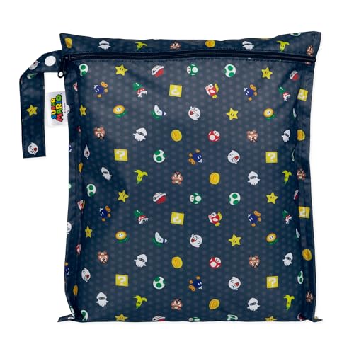 Bumkins Waterproof Wet Bag for Baby, Travel, Swim Suit, Cloth Diapers, Pump Parts, Pool, Beach, Gym Clothes, Toiletry, Hook to Stroller, Daycare, Zipper Reusable Wetdry Packing, Nintendo Super Mario - color: D1 Super Mario Lineup, style: Wet Bag