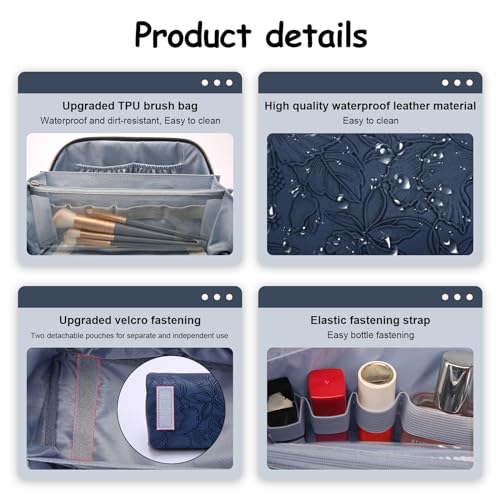 BOYATU Travel Makeup Bags Cosmetic Organizer Bag: 3-Set Large Capacity Make up Bag - PU Leather Toiletry Bags for Women - Wide Open Portable Pouch with Divider & Handle (02-Dark Blue) - color: 02-Dark Blue
