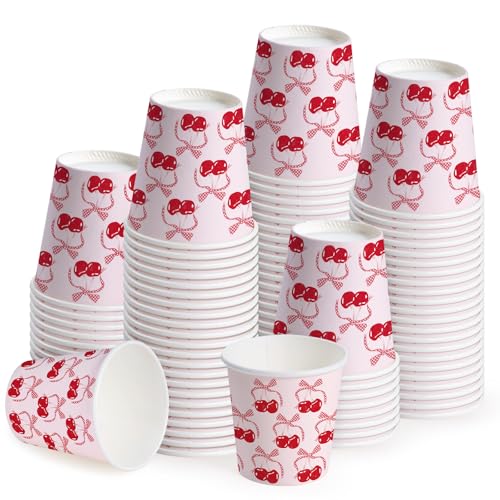 WRAPAHOLIC 3oz Pink Cherry Paper Cups - 100 Pack Disposable Bathroom Cups with Red Bow Cherry Design, Small Mouthwash Cup for Toothbrush Rinse, Home Bathroom, Wedding, Baby Shower and Girls Birthday - color: Red Bow Cherry