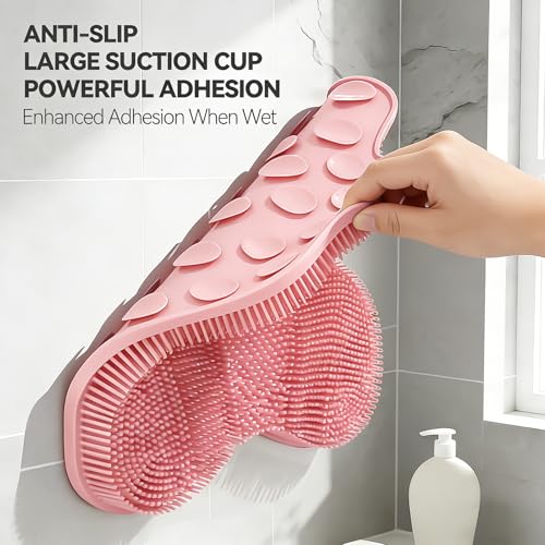 ozner Silicone Shower Foot Scrubber Mat,Back Washer Bath Wash Pad Exfoliating & Massage, Wall Mounted Slip Strong Suction Cups for Use in Cleaner Men and Women (Pink) - color: Pink