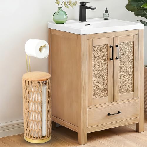 Trongee Freestanding Toilet Paper Holder with Storage,Goldn Handmade Woven Toilet Paper Roll Holder Stand,3 Rolls of Tissue Holder for Bathroom,Rattan Sturdy Boho Bathroom Toilet Paper Storage - color: Gold