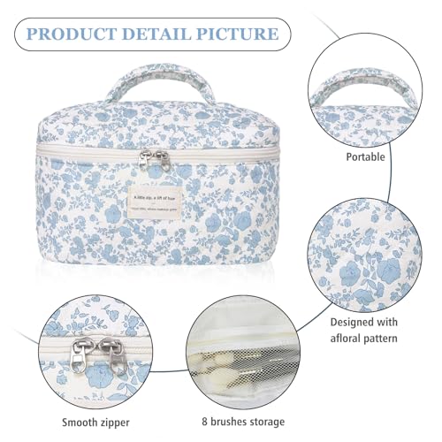 Gosect Large Makeup Bag, Cute Cosmetic Bag for Women Girls, Floral Coquette Aesthetic Toiletry Bag, Travel Make Up Organizer Bag (BDLH) - color: 08Blue Flower