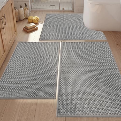 YIHOUSE Thin Bath Mat Grey Bathroom Rugs Sets 3 Pieces, Non Slip Absorbent Bath Mats Quick Dry, Woven Braided Rugs Washable, Rubber Tapetes para Baño for Bathroom Toliet,Bathtub - color: Light Grey, size: 3Pieces(17.5"x24"U+17"x24"+17"x32")