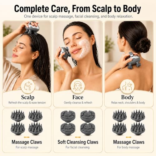 Electric Scalp Massager for Stress Relief, Anti-Tangle 360° Deep Kneading, IPX7 Waterproof for Wet & Dry Use, USB-C Rechargeable, 3 Modes, 15-Min Auto-Off, 2 Claw Sets for Massage & Cleansing