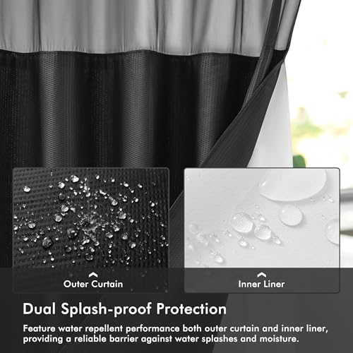 Mrs Awesome No Hook Shower Curtain with Snap-in Liner Less Time On/Off, Embossed Waffle-Look Textured Fabric Shower Curtain for Bathroom, Soft & Lightweight, 71x74, Black - color: Black, size: 71"W x 74"L (Pack of 1)