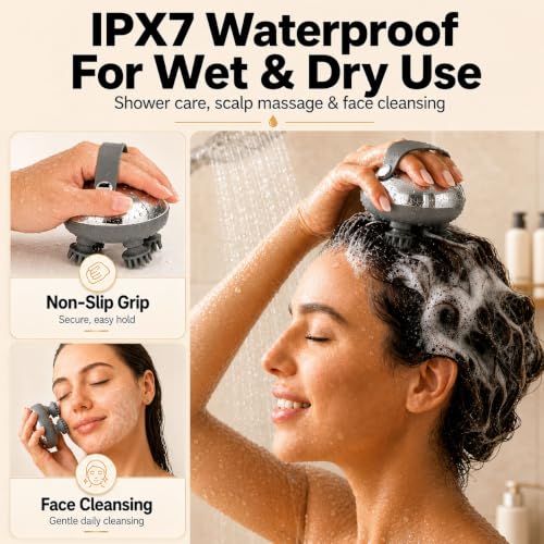 Electric Scalp Massager for Stress Relief, Anti-Tangle 360° Deep Kneading, IPX7 Waterproof for Wet & Dry Use, USB-C Rechargeable, 3 Modes, 15-Min Auto-Off, 2 Claw Sets for Massage & Cleansing