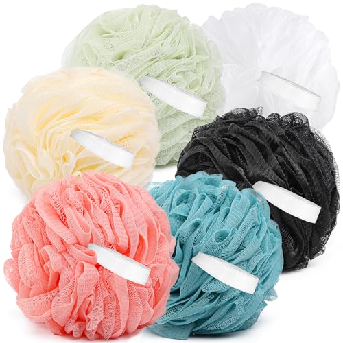 6 Pack Bath Sponge, 100g/pc XXL Large Mesh Pouf Shower Loofah Exfoliating Body Scrubber Shower Scrunchies