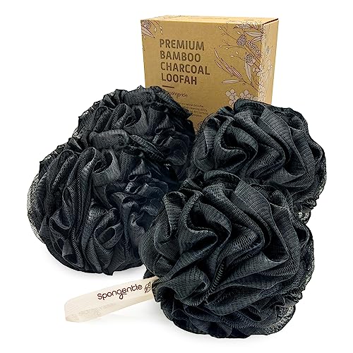 Spongentle Shower Loofah Bath Sponge, Body Scrubber with Soft Mesh, Exfoliating Bath Pouf with Activated Charcoal, Bath Sponge for Women & Men, Bath Accessories for Scrubber Cleaning Tool, 60g 4 Pack - style: Charcoal Black