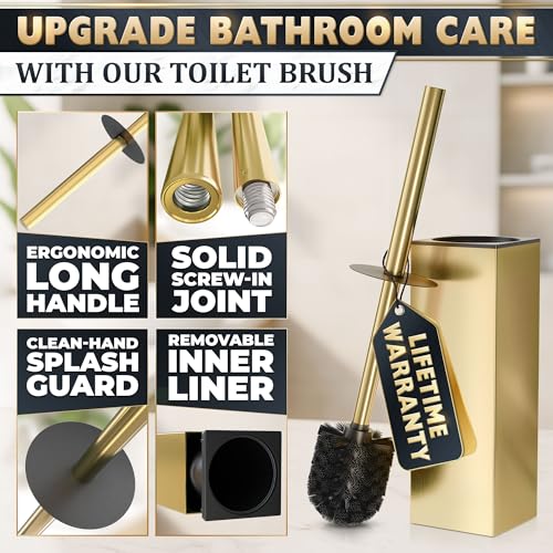 Stainless Steel Toilet Brush and Holder Set Gold & Square Design - Corrosion and Scratch-Resistant Gold Toilet Brush and Holder Set with Splash Protection - for Deep & Effective Bathroom Cleaning - color: Gold Square