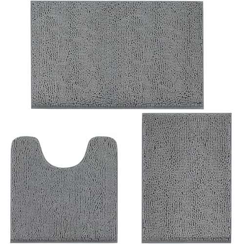 TREETONE Bathroom Rugs Sets, Thick Soft Absorbent 3 Piece Chenille Bath Rugs, Non-Slip, Dry Quickly, Machine Washable, Shaggy Mats with U-Shaped Toilet Rug for Bathroom Floor, Tub and Shower, Grey - color: Grey, size: 16"x24"+20"x32"+U Shape 20"x20"